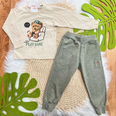 Conj. Blusa Manga Longa Ursinho Play Game e Calça Saruel de Moletinho - Areia e Verde